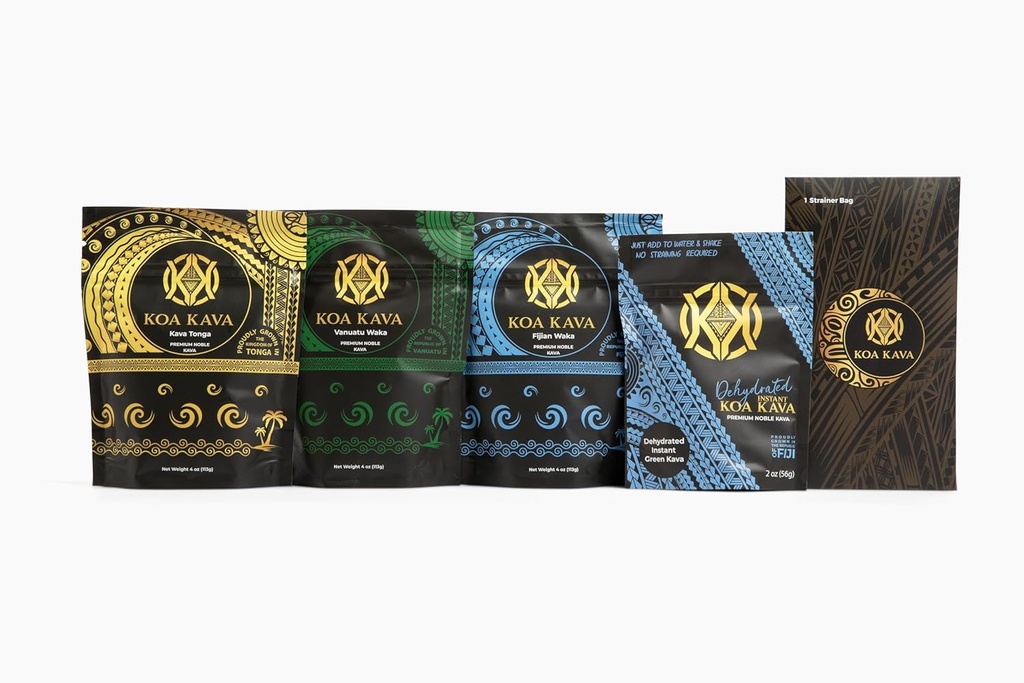 Koa Kava Premium Sample Pack – 2 oz Dehydrated Instant Kava Powder + 4 oz Bags of Tongan, Fijian, and Vanuatu Waka Medium Grind Varieties. Discover Your Favorite for Ultimate Calm and Relaxation!