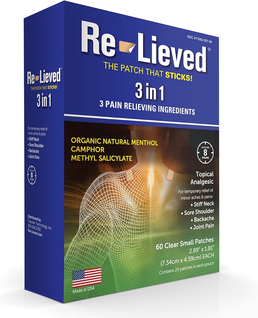 Re-lieved 3-in-1パッチ — オーガニックナチュラルメンソール、カンボア、メチルサリレート — 優れたスティッククリアな痛みパッチ — アルミフリー、防水、米国製 — 60 カウント