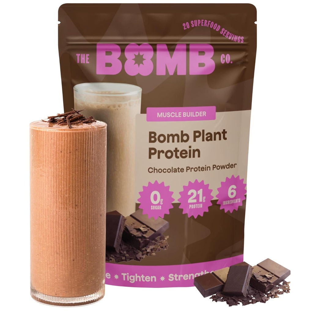 The Bomb Co. Bomb Plant Protein, Protein Powder with 21g Protein, Amino Acids, Zero Sugar, Pea Protein, Cocoa, Chia Seeds, Pumpkin Seeds, Vanilla & Monk Fruit, Gluten Free, Chocolate Flavor, 20 Srvgs