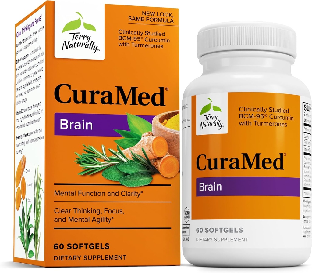 Terry Naturally CuraMed Brain - クラリティとフォーカスをサポートする栄養補助食品 - Curcumin&Turmeric Essential Oil with Aid Concentration - 60 Softgels