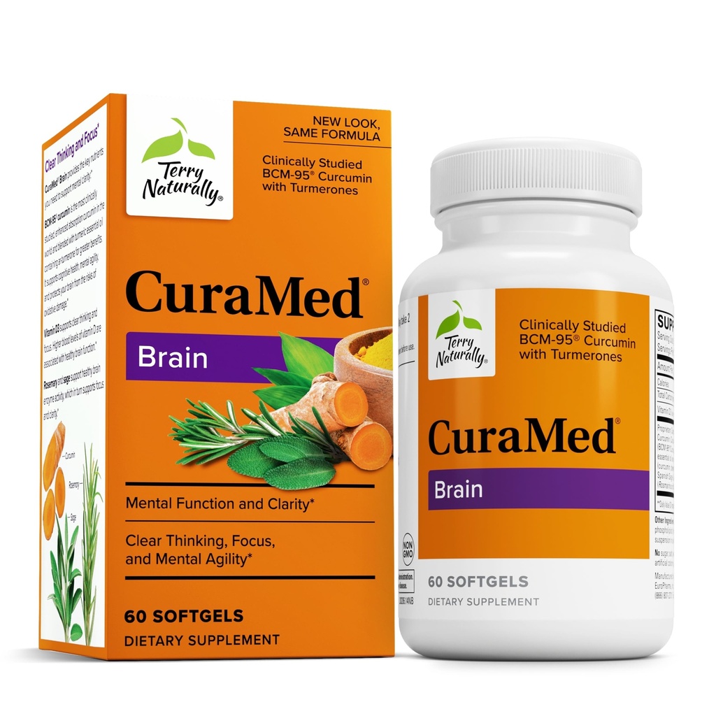 Terry Naturally CuraMed Brain - クラリティとフォーカスをサポートする栄養補助食品 - Curcumin&Turmeric Essential Oil with Aid Concentration - 60 Softgels