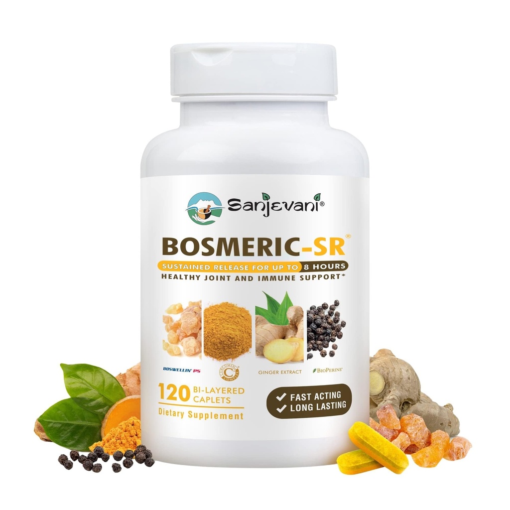Joint Immune Support Supplement, Patented Blend Turmeric Curcumin C3 Complex with Black Pepper, Boswellia PS Extract & Ginger, Fast-Acting 20 minutes, 8-Hour Sustained Release, 120 Caplets - Sanjevani