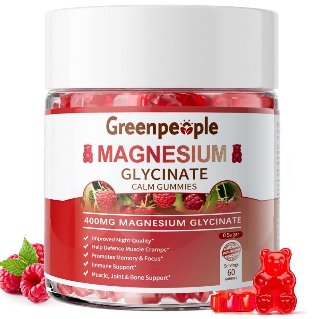 GREENPEOPLEのマグネシウムのGlycinateのグミー400mg - マグネシウムのマレート、ビタミンD、B6および大人のためのCQ10のための砂糖の自由なマグネシウムのカリウムの補足- ラズベリーのグミ