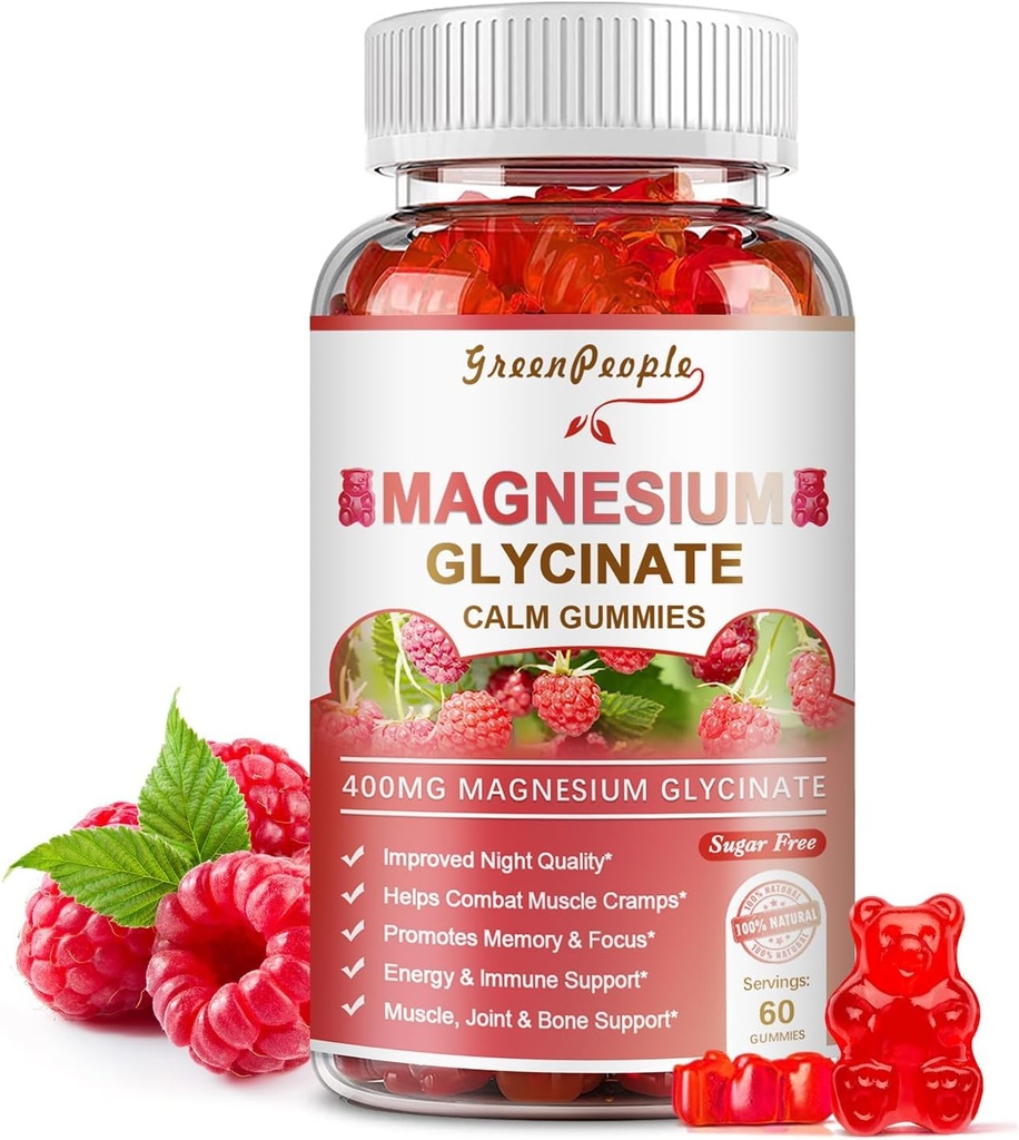GREENPEOPLEのマグネシウムのGlycinateのグミー400mg - マグネシウムのマレート、ビタミンD、B6および大人のためのCQ10のための砂糖の自由なマグネシウムのカリウムの補足- ラズベリーのグミ