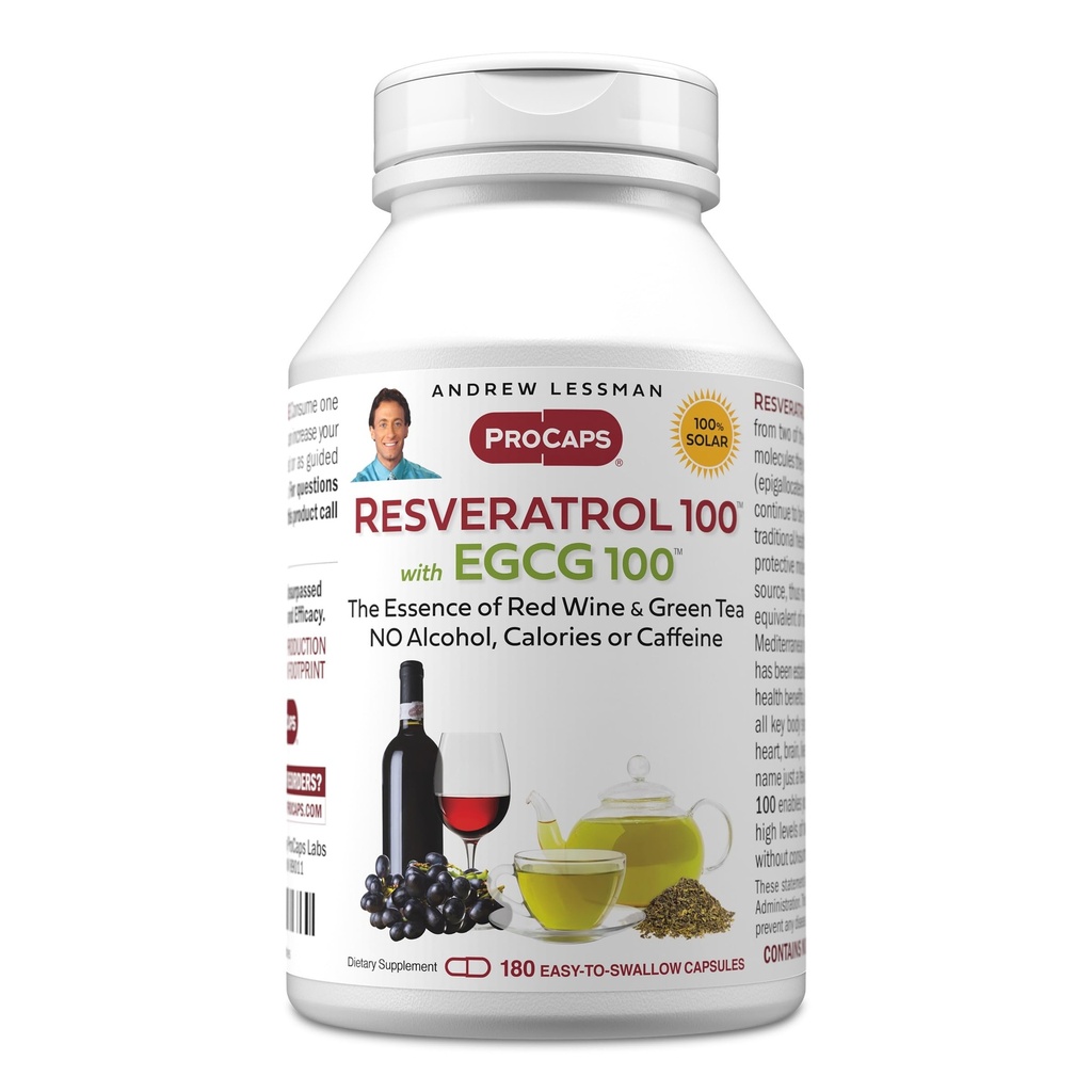 ANDREW LESSMAN Resveratrol-100 EGCG 100mg - 180カプセル - アルコールやカフェインなしで、自然に酸化防止剤を占有する2カプセル。