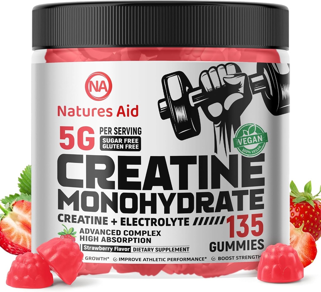 Natures Aid Creatine Monohydrate Gummies (5g) – Pre-Workout Energy & Muscle Growth Support for Men & Women | Strawberry Electrolyte Gummies (135 Count)