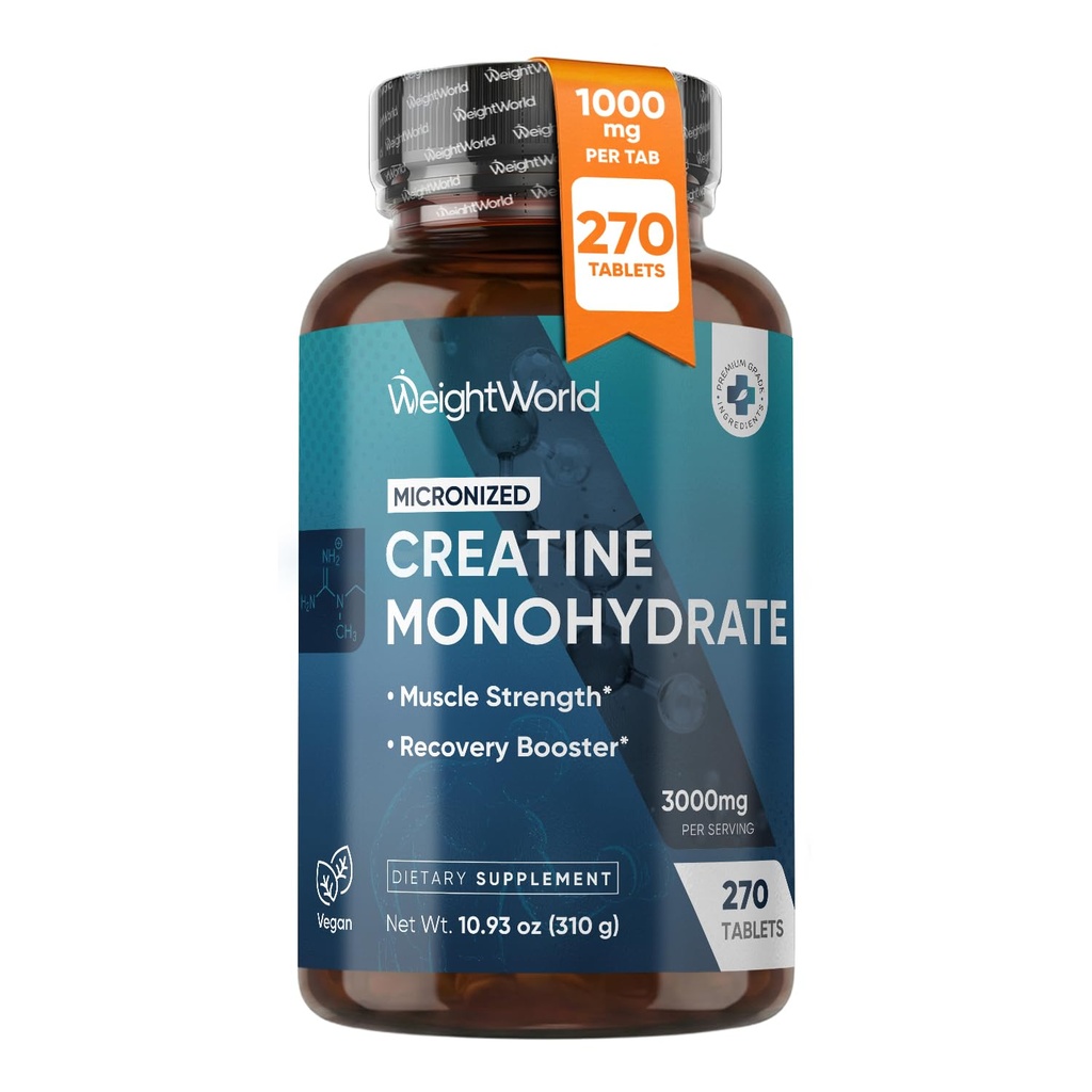 重量World Micronized Creatine Monohydrate 3000mgビーガンタブレット | 筋肉の強さ & 回復ブースター | 3 ヶ月の供給 - 270 タブ | 女性のためのクレアチン | 女性&男性用 | 非GMO、グルテンフリー | 3 錠 1 日