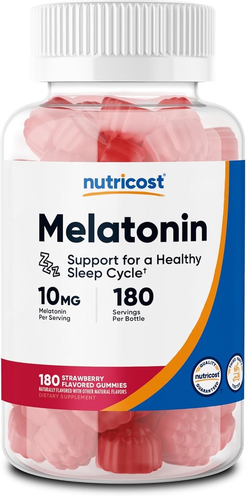 Nutricost Melatonin 10mg、180グミー、イチゴ風味 - グルテンフリー、非GMO、トウモロコシシロップなし