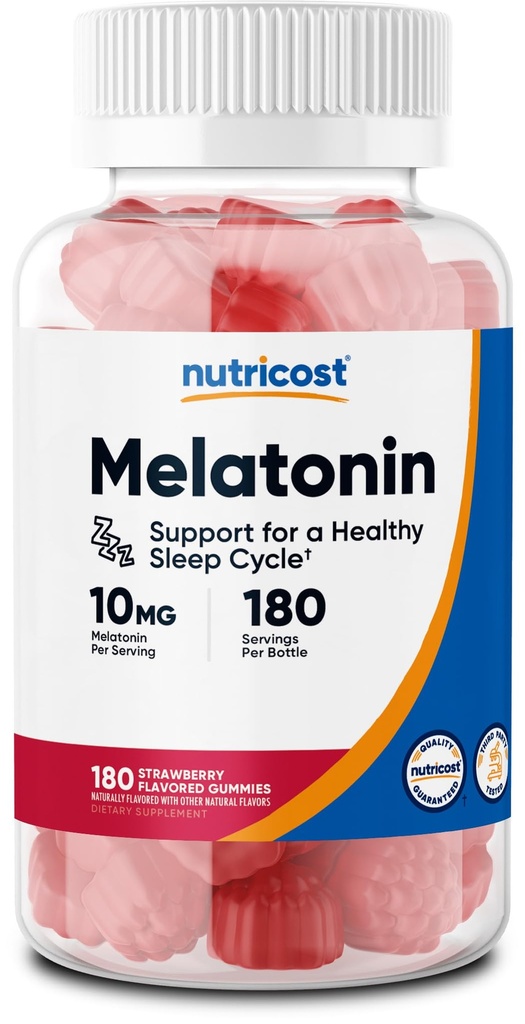 Nutricost Melatonin 10mg、180グミー、イチゴ風味 - グルテンフリー、非GMO、トウモロコシシロップなし