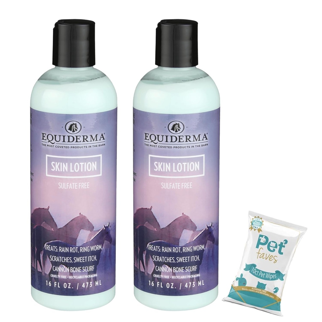 EQUIDERMA(2パック)10〜カウントペットフェースペットワイプと馬の皮膚ローション - キャノンボーン、マネ&テールアイリテーション、ドライスキン&スキャブスのための穏やかな痛みの軽減