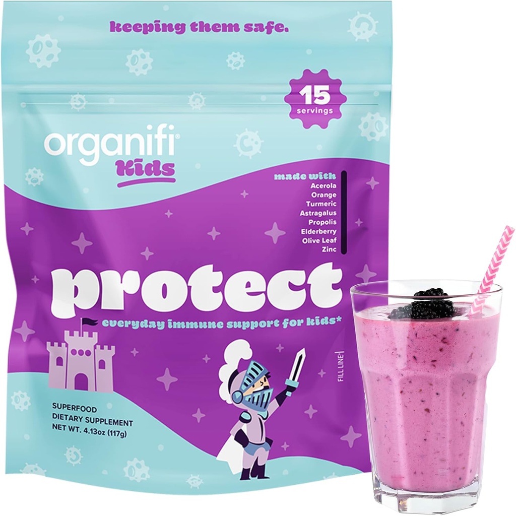 Organifi Kids: Protect - Everyday Immune Support for Kids with Elderberry, Acerola Cherry and Zinc - Berry Flavored Immunity Powder - Plant-Based, Vegan, and No Gluten, Dairy or Soy - 15 Servings