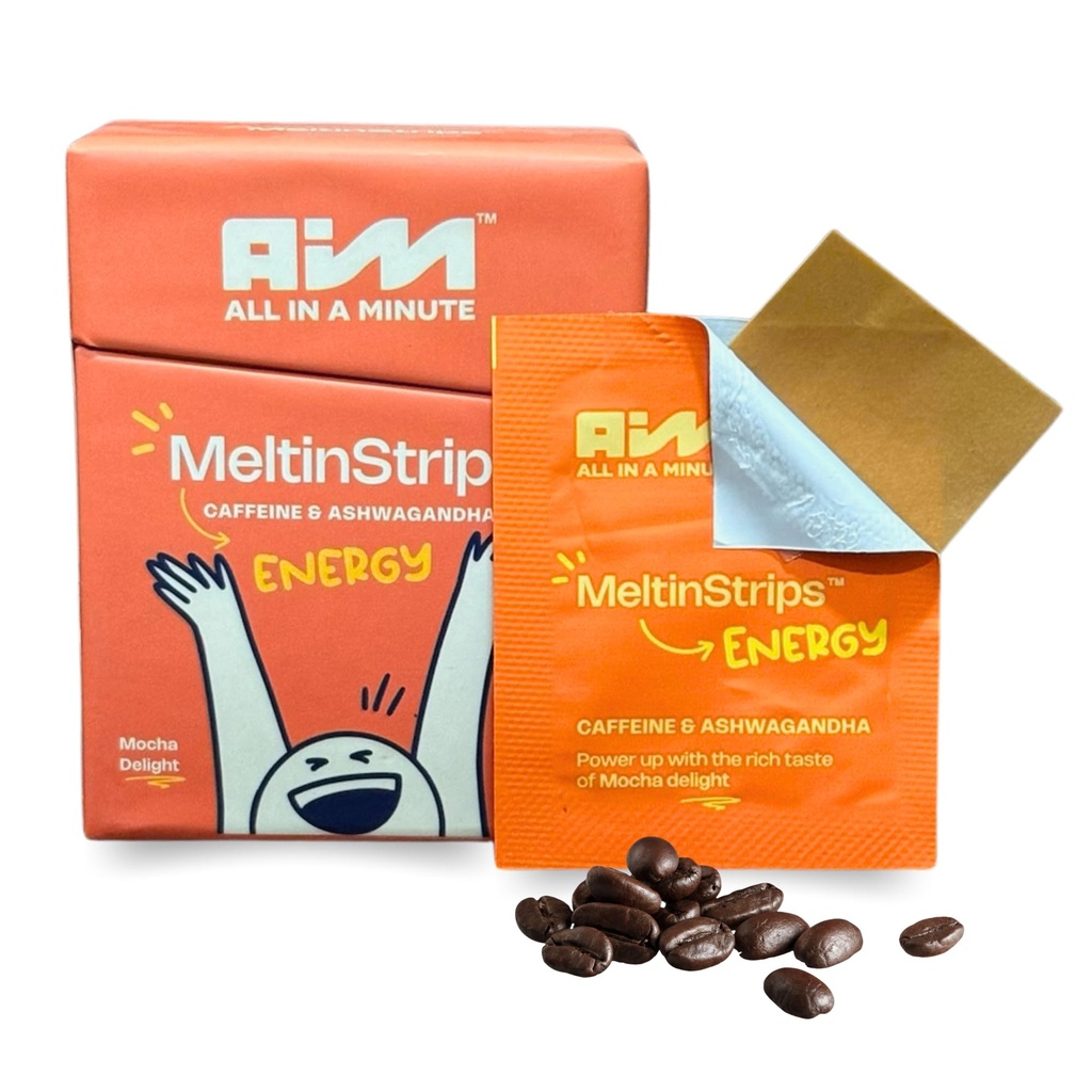 MeltinStripsTM エナジーストリップ 40mgカフェイン、20mg アシュワガンダ & ビタミンB12 | インスタントエネルギー & ジッターやクラッシュなしの焦点 | コーヒーよりも高速に動作します | モチャ味 - 30 ストリップ