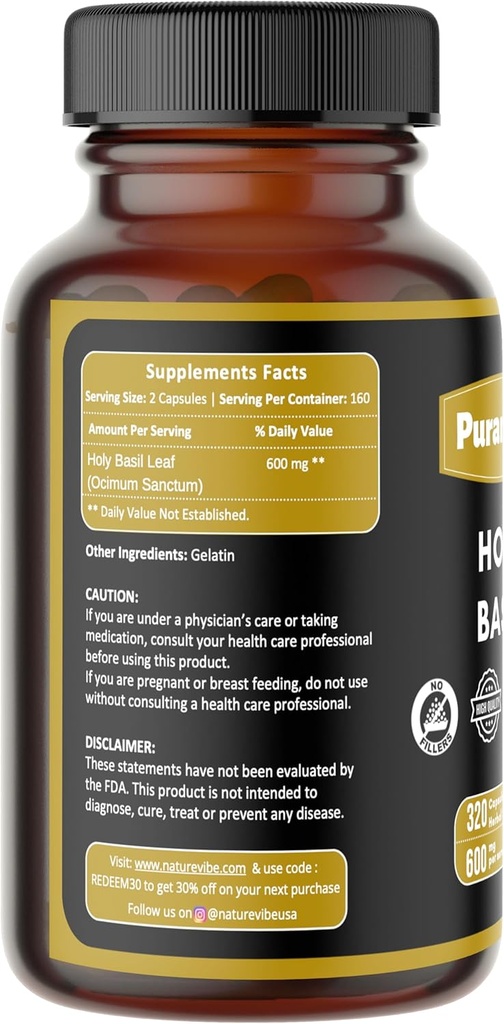聖バジルプレミアム320カプセル非GMOとグルテンフリー  ハーブサプリメント  サービングあたりの600mg  100%純粋なハーブ聖バジルリーフで作られた
