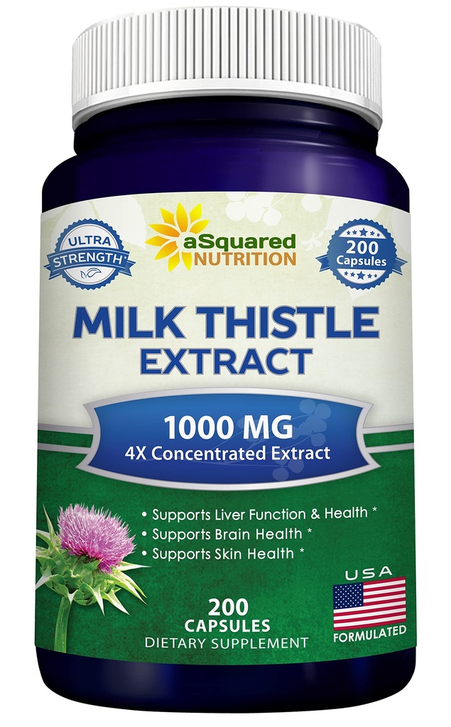 aSquared栄養のミルクのこのtleの補足1000mg-200のカプセル、最高の強さ4Xの集中されたエキス4:1ミルクのこの種の粉のハーブの丸薬、肝臓サポート、洗剤、Detoxのための1000のmgのSilymarinのエキス