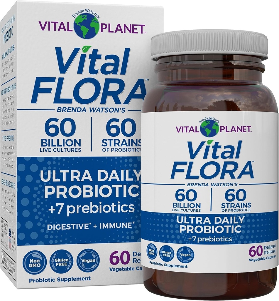 ヴィタルプラネット - Vital Flora Ultra Daily Probiotics 60 Billion CFU、Diverse Strains、有機プレバイオティクス、免疫サポート、Bloating Edward、女性と男性のための消化の健康プロバイオティクス 60 カプセル