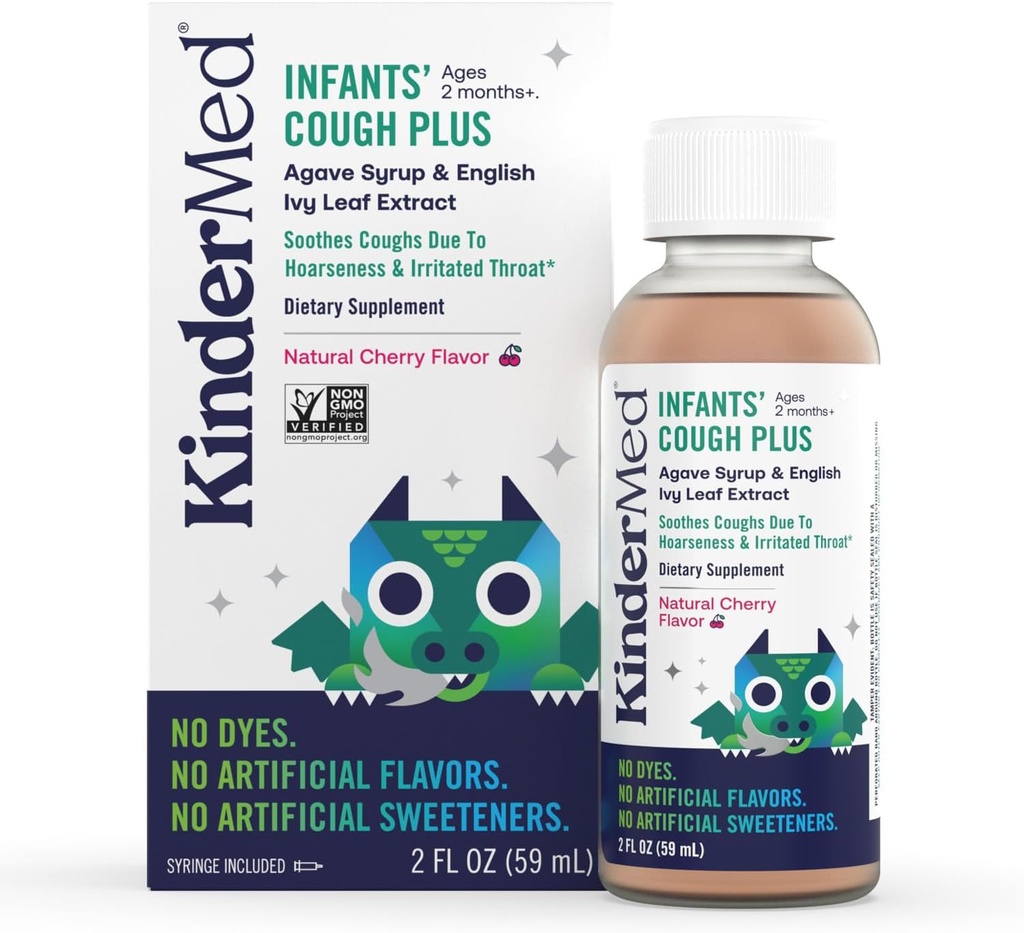 KinderMed Infants' Daytime Cough Plus、オーガニックアガベシロップと英語アイビーリーフエキス、ディエスなし、人工味や甘味料、非GMO、ベイビー2ヶ月+、ナチュラルチェリー味(2 Fl Oz)