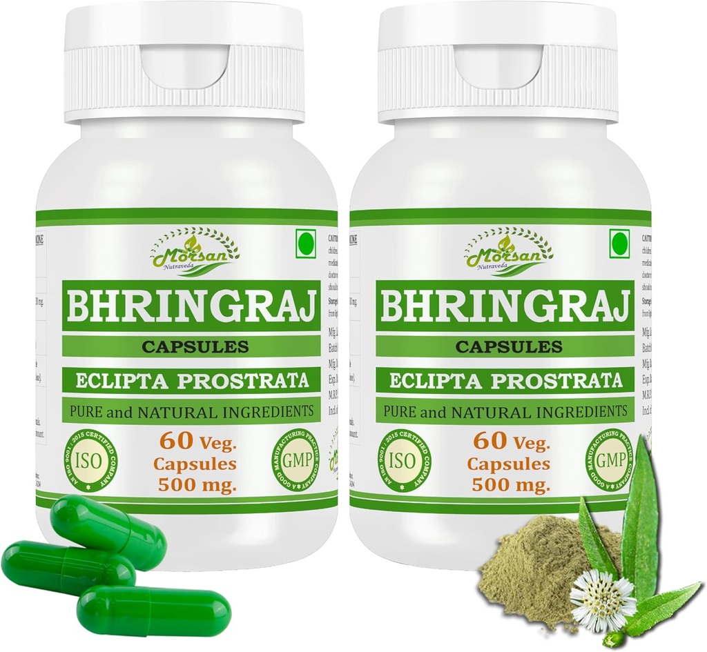 男性と女性のためのBhringraj(Eclipta Prostrata)カプセル | プレミアムアーユルヴェーダハーブサプリメント | 500 mg. per サービング | 60 ベジギーカプセル | 天然のBhringrajプラントで製造 | 2 x 60カプセルのパック
