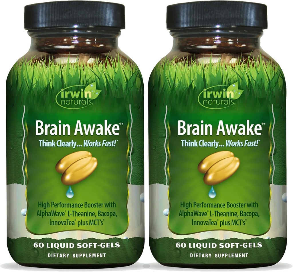 Irwin Naturals Brain Awake - 60 Liquid Softgels, Pack of 2 - Enhanced Mental Performance, Increased Focus, Clarity & Concentration - Nootropic Booster with L-Theanine, Bacopa, MCTs