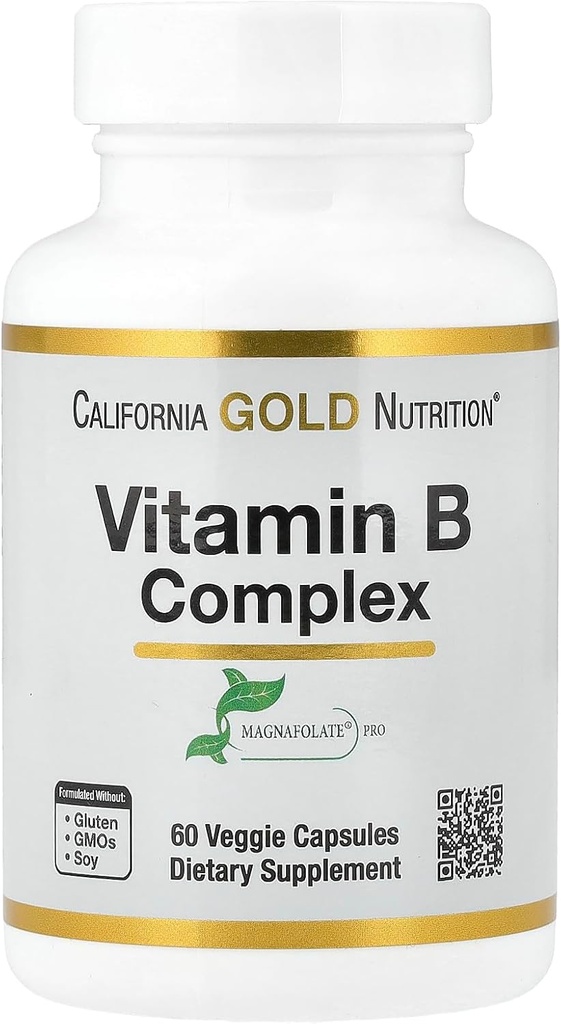 California Gold Nutrition Vitamin B Complex, Thiamin B1, Riboflavin B2, Niacin B3, Pyridoxine B6, Biotin B7, Pantothenic Acid B5 and Pro Folate B9, Gluten Free, Non GMO, 60 Veggie Capsules