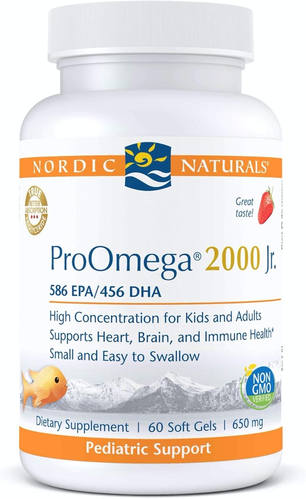Nordic Naturals ProOmega 2000 Jr.、Strawberry Flavor - 60 Soft Gels - 1120 mg Omega-3 - 超強力な魚油 - EPA&DHA - 脳、心臓、免疫の健康を促進 - 非GMO - 30 サービング