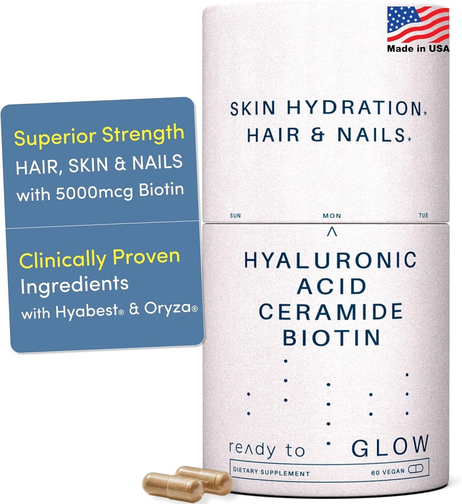 GLOWアンチエイジングサプリメント - Hyabest® Hyaluronic酸、Phytoceramide、5000 mcgビオチン、ビタミンA、C、E、亜鉛 - 女性&男性のためのヘアスキンネイルビタミン - しわ&肌の水分補給 - 60カプセル