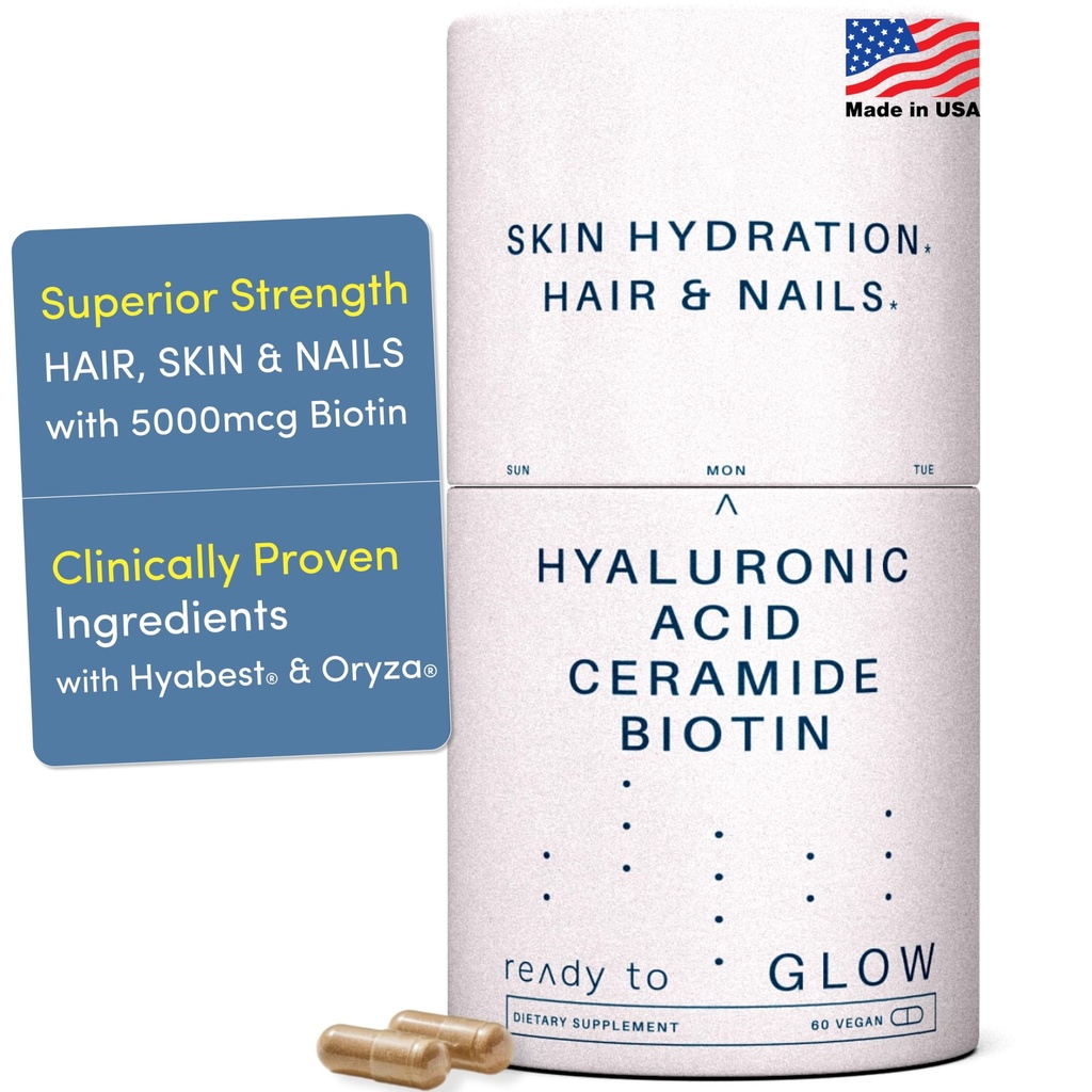 GLOWアンチエイジングサプリメント - Hyabest® Hyaluronic酸、Phytoceramide、5000 mcgビオチン、ビタミンA、C、E、亜鉛 - 女性&男性のためのヘアスキンネイルビタミン - しわ&肌の水分補給 - 60カプセル