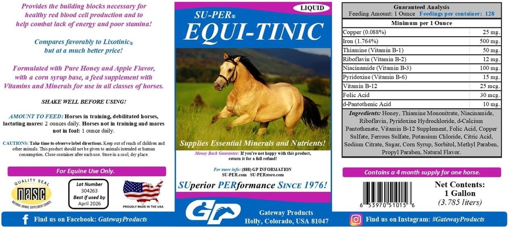 SU-PER Equi-Tinicの馬の鉱物の補足-健康な血球及びエネルギーのための必須の鉱物そして栄養素- 1ガロン