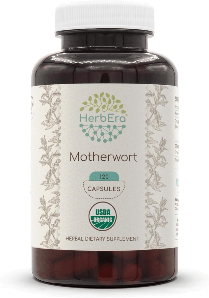 HerbEra Motherwort USDA Organic 120カプセル | 天然ハーブサプリメント | 認定オーガニック ベジタリアン カプセルとオーガニック マザーウォルト(レオヌル カルディアカ) 乾燥ハーブ(120カプセル)