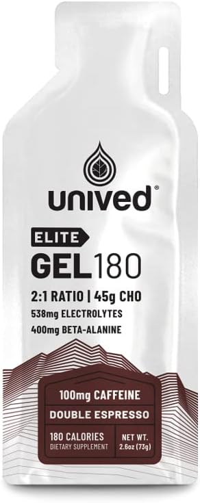 Unived Elite Gel 180-2:1 ベータアランナイン&エッセンシャル電解物とシンプル&コンプレックスカルブの比率 - 持久力アスリートランナー&サイクリスト - 180kcal - ダブルエスプレッソ - 100mgカフェイン - 6パック