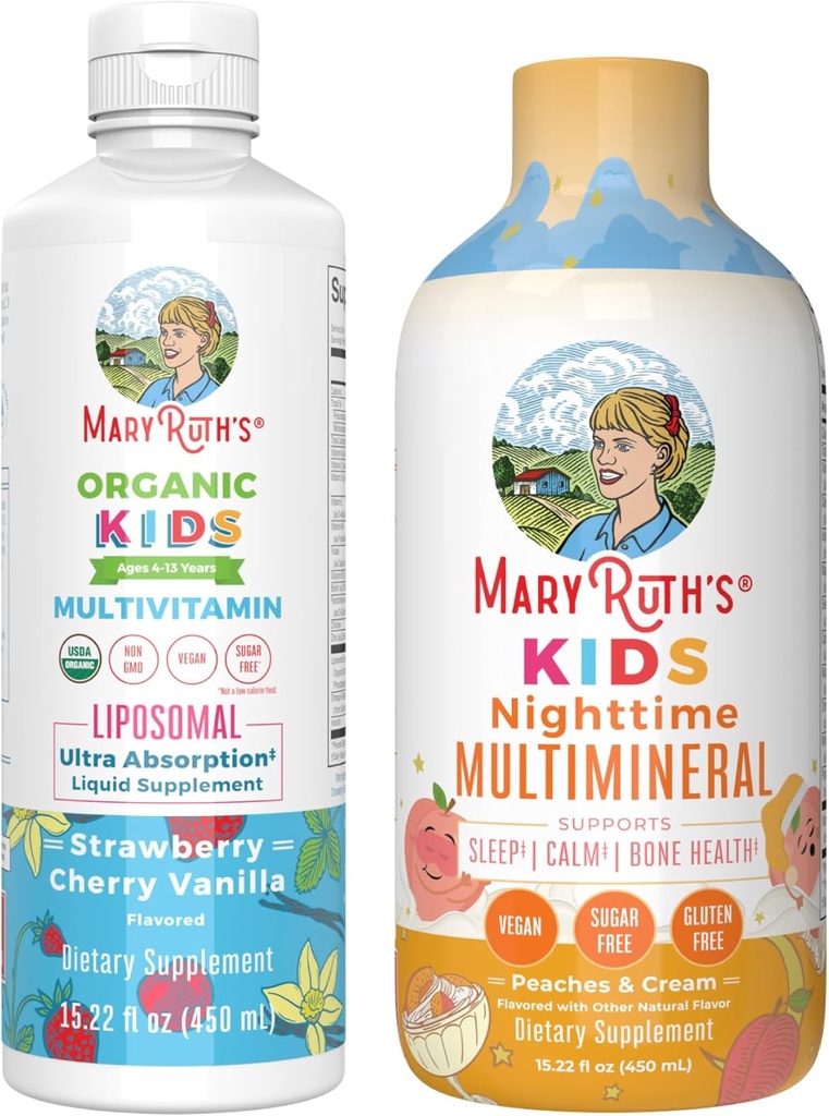 MaryRuth's Nighttime Multimineral(ピーチ&クリーム)とMultivitamin Liposomal(イチゴチェリー&バニラ) for Kids | クリーンラベルプロジェクト Verified® | ムールス・リラクゼーション&全体Wのビーガンビタミン