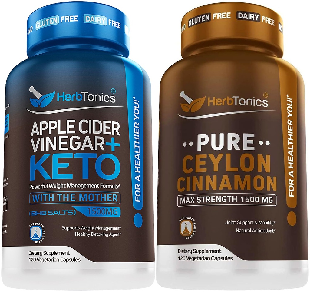 Herbtonics Apple Cider Vinegar Capsule Plus Keto BHB | 女性と男性のための脂肪バーナー&減量サプリメント - プレミアムセイロンシナモンカプセル - 効果的なシナモン丸薬強化ウェルビーイング
