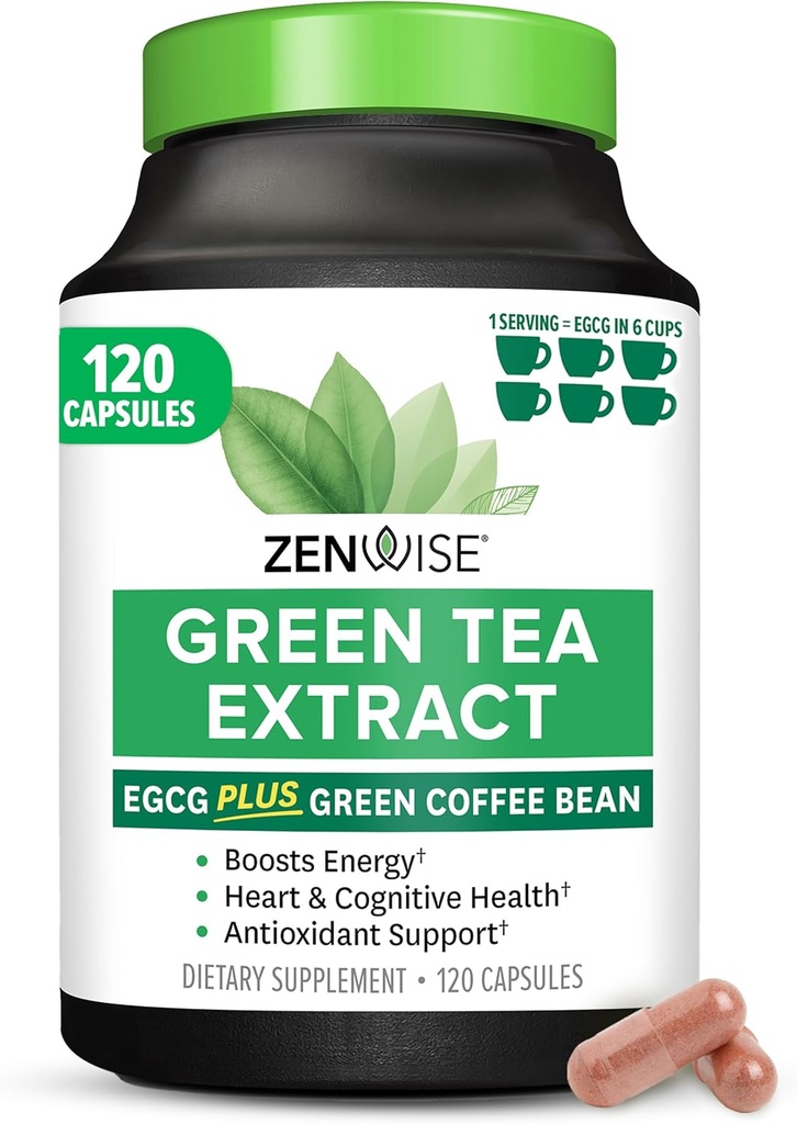 Zenwise Health Green Tea Extract Capsules for Men & Women - EGCG Supplement with Green Coffee Bean Extract Boosts Energy & Memory - Immune Support for Skin, Brain & Hearth Health - Vegan - 120 Count