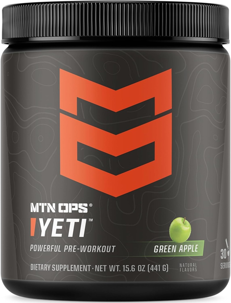 MTN OPS Yeti Pre-Workoutパウダーエナジードリンク(クレアチン、200mgカフェイン、BCAA、ベータアラニン、30サービングチューブ、グリーンアップル)