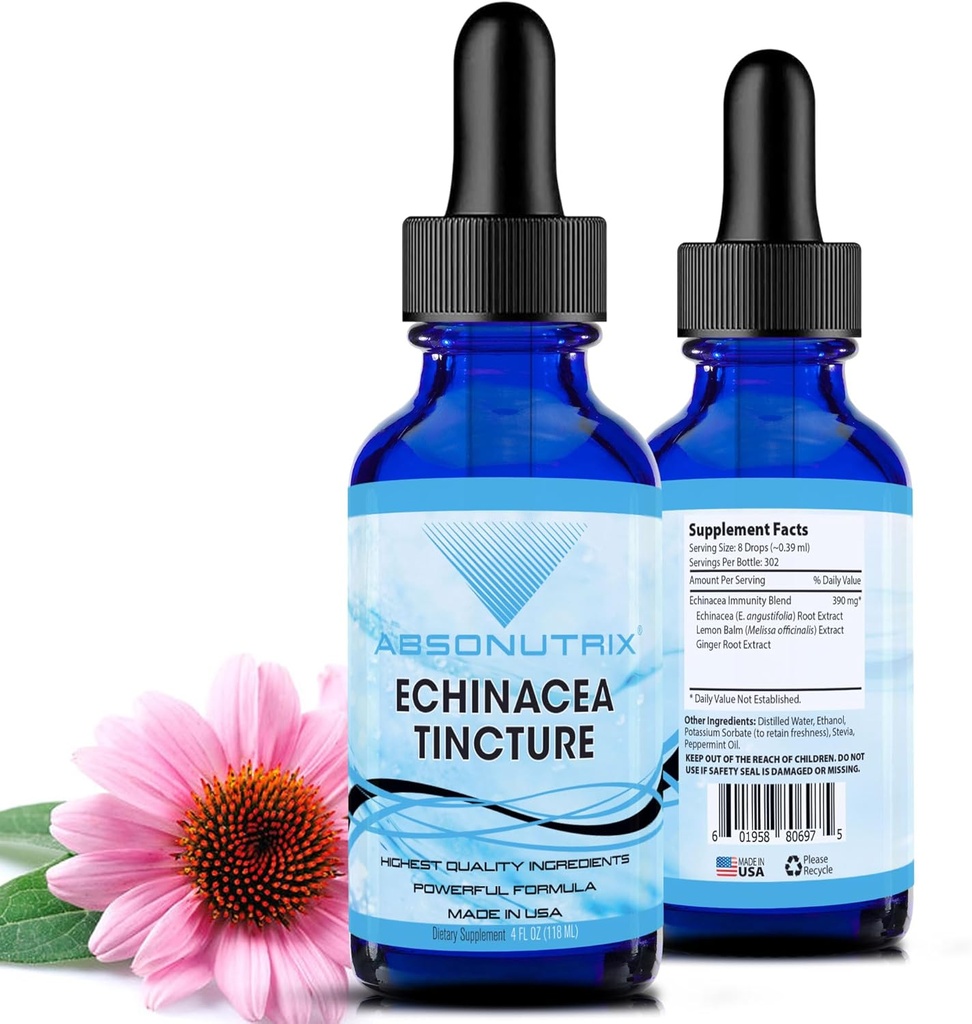 Absonutrix Echinacea Tinctureの高度の方式390のmgの4つのOzの液体、302のサービングは、米国、速い吸収、質の有効な原料、非GMOのGMPによって証明される設備、残酷なしプロダクトで作りました