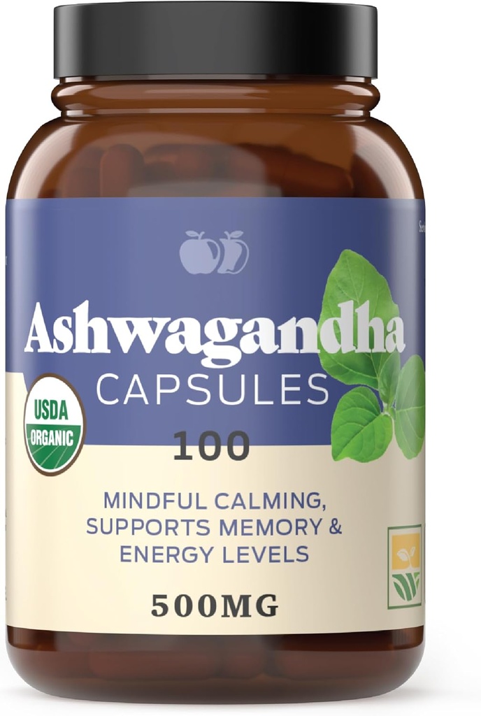 Organic Ashwagandha Capsules - 100 Capsules 500mg Pure Organic Ashwagandha Supplement for Calming Support