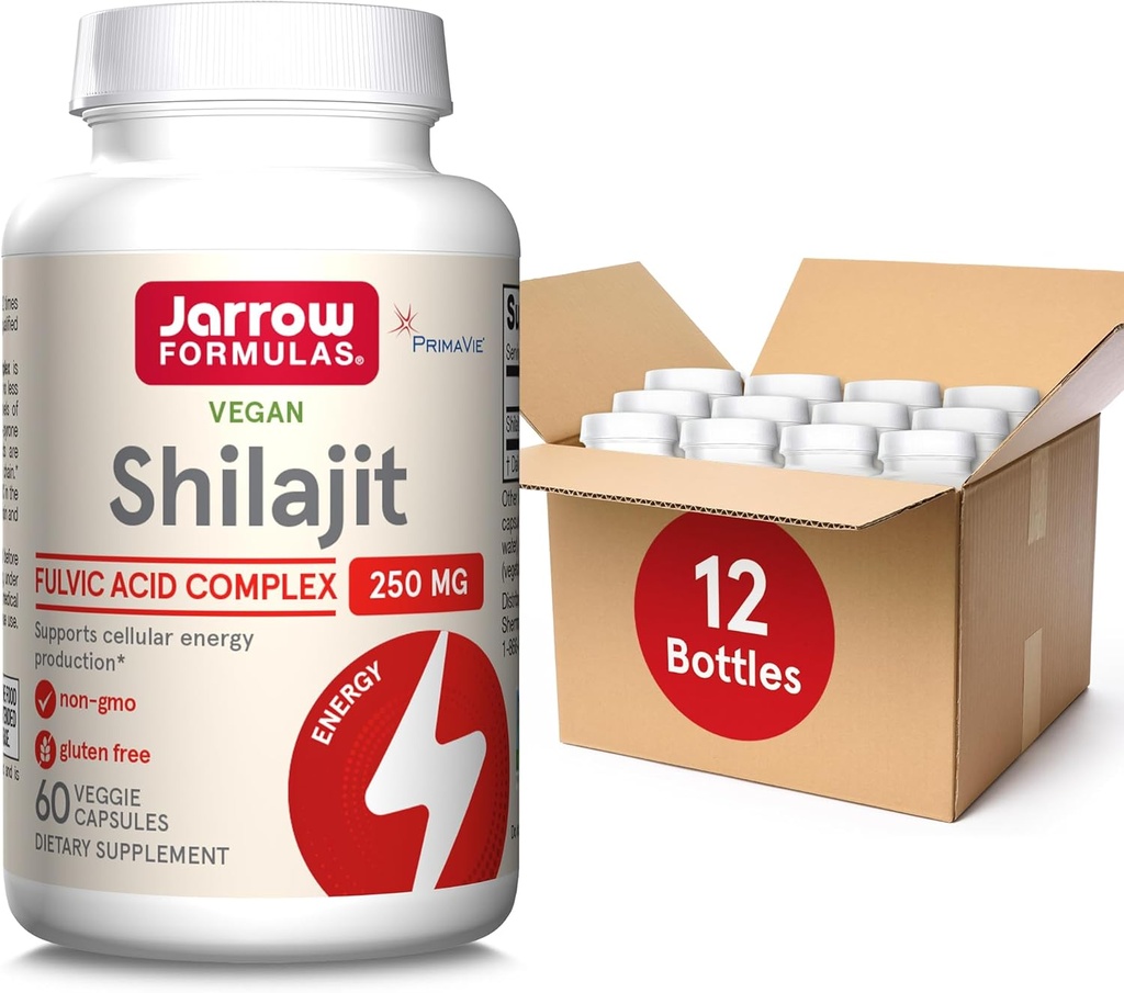 Jarrow Formulas Shilajit 250 mg, Dietary Supplement, Shilajit Acid Complex for Cellular Energy Production, 60 Veggie Capsules, 60 Day Supply (Pack of 12)
