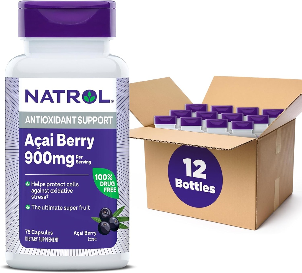 Natrol アサイベリー, 栄養補助食品, 抗酸化保護&防衛, 究極のスーパーフルーツ, 900 mg Veggieカプセル, 75 カウント (パック 12)