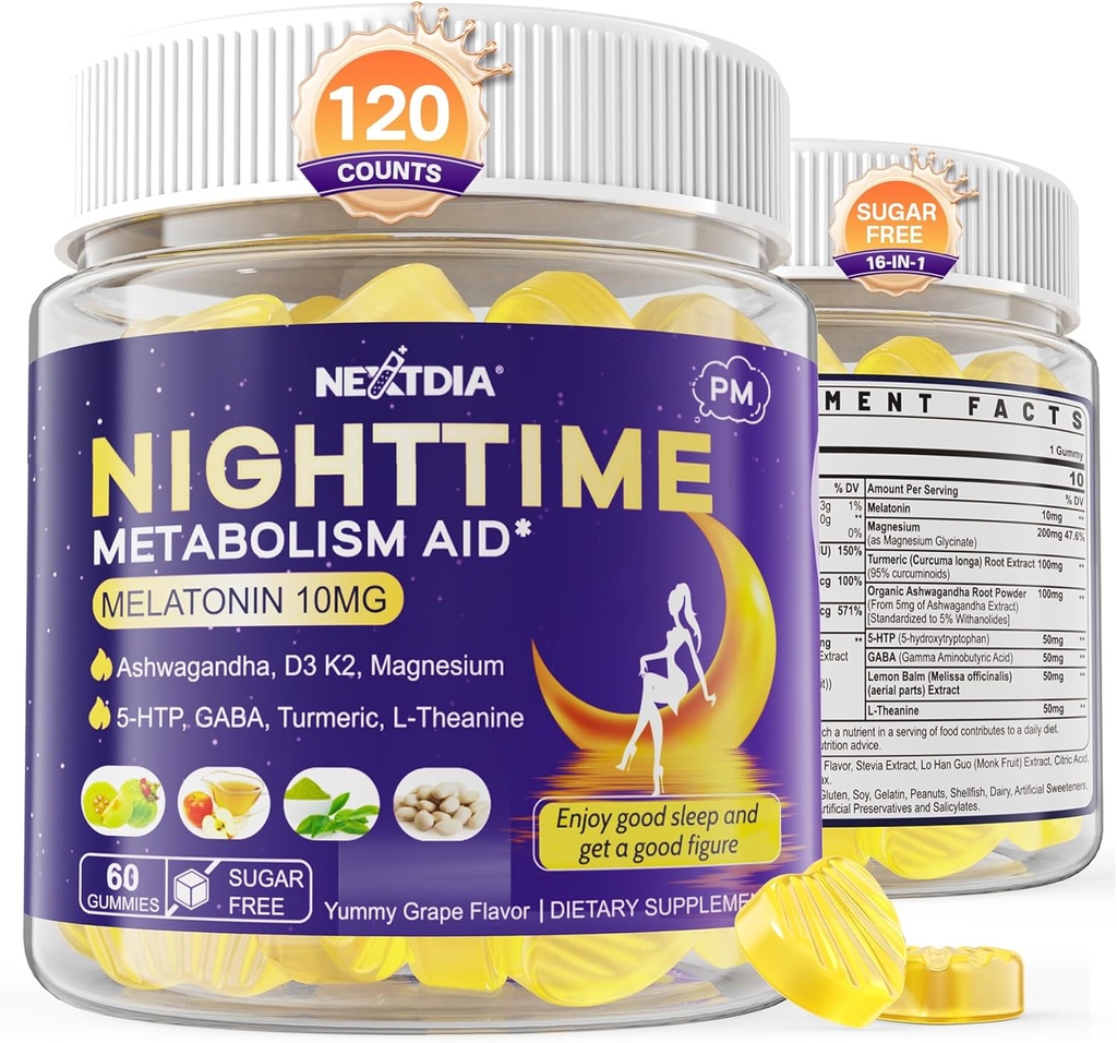 Melatonin 10mgのガミー、大人のための夜時間のMetabolismのガミー、残っている間押しつぶして下さい余りを細くして下さい、マグネシウム、Ashwagandha、5-HTP、GABA、100%の薬剤と健康なZzzsを、自由に促進して下さい