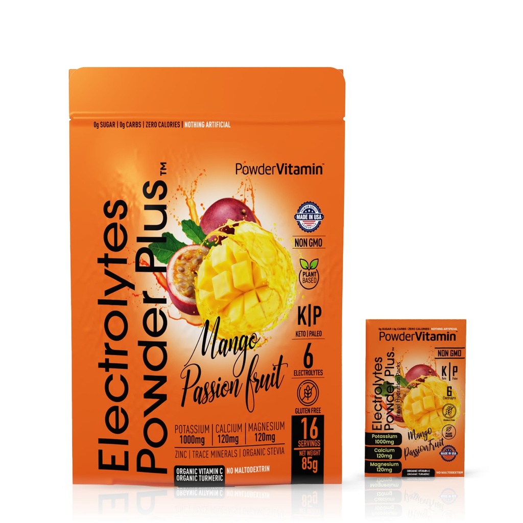 PowderVitamin 電解質パウダープラス、ケト、マンゴパッションフルーツ、砂糖フリー、ピンクヒマラヤ塩、1000mg カリウム、120mg カルシウム、120mg マグネシウム、非GMO、ゼロカロリー、(16 Hydration Packets)
