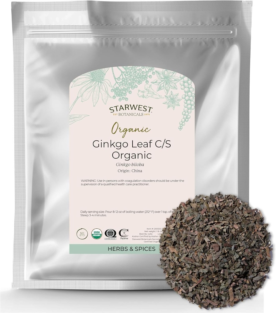 Starwest Botanicals Organic Ginkgo Leaf - Ginkgo Biloba、ドライルーズリーフハーブティー、カプセル、ハーブブレンド、カット&シフト、認定コーシャ、非GMO - バルク1ポンドバッグ