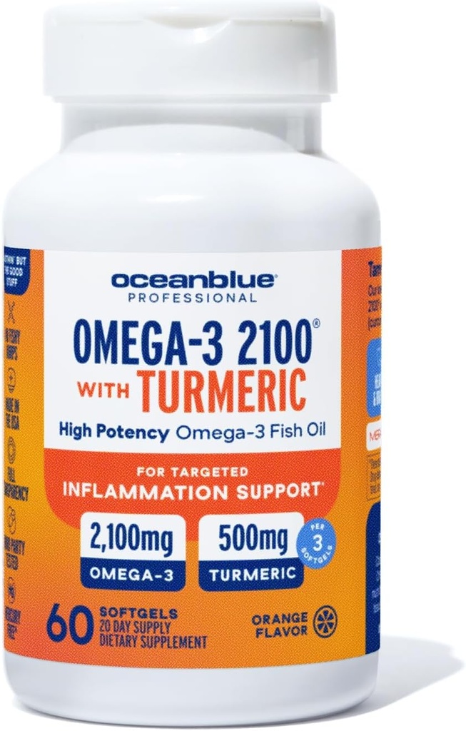 Oceanblue 2100 Triple Strength Omega-3 Fish Oil with Turmeric | Burpless Omega 3 Combo Supplement with Curcumin EPA DHA DPA| Heart and Joint Support | 60 Softgels