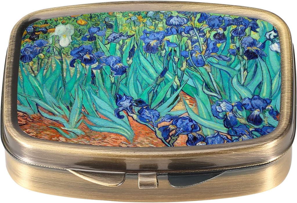Dynippy Pill Case Pill Box with Mirror Retro Pocket 2 Compartment Medicine Case ビタミン Pill オルガナイザー for Pocket Purse and Travel (A-Van Gogh Irises)