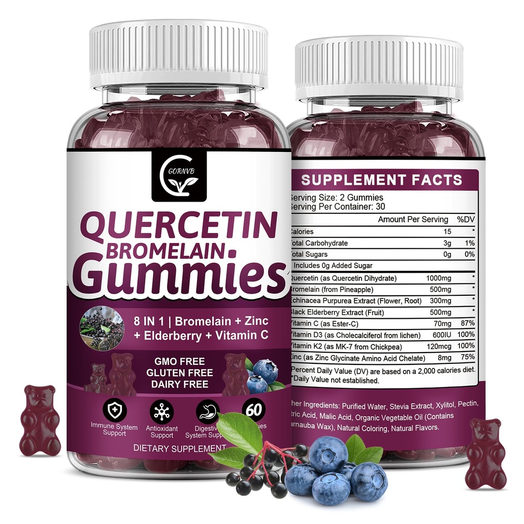 クエルセチンはBromelain 2378mg - エルダーベリー、EchinaceaのPurpureaのエキス、亜鉛、ビタミンC、D3、K2、複雑なサポート免疫、心血管及び呼吸器、大人のためのビーガンGummy & キッド