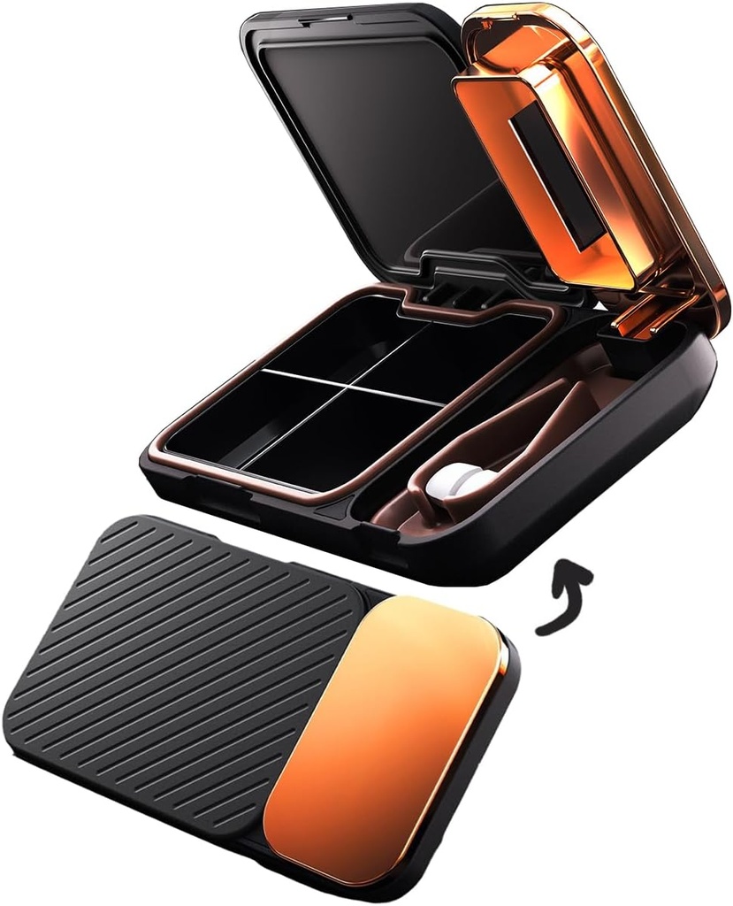 MURRI&MURRDI Pill Organizer and Crusher, Portable Pill Splitter and Cutter, Medicine Case 4 Cells Vitamin Dispenser Holder (D Black)