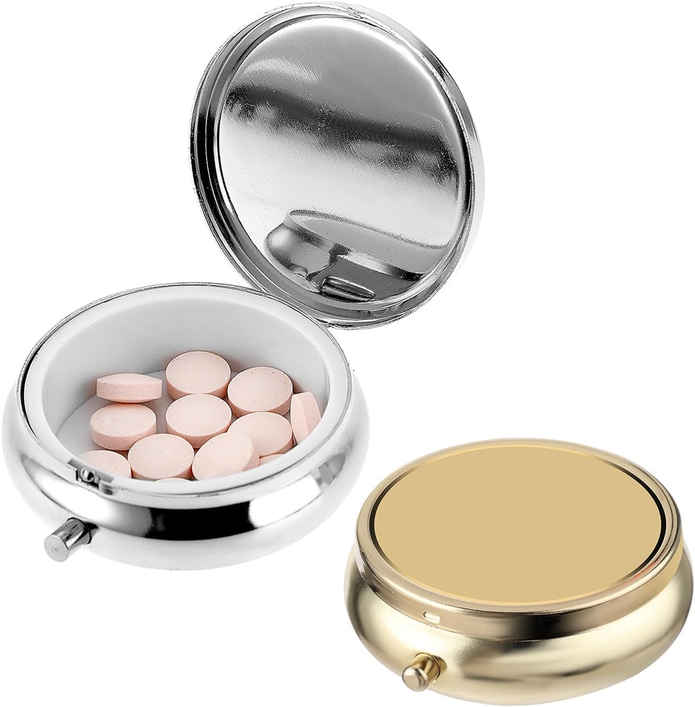 財布またはポケットのための2Pcs Pill箱の小さい丸薬箱、携帯用かわいい丸薬の容器の金属の丸薬箱の装飾的な薬、ビタミン、魚油および補足のホールダーのオルガナイザー(シルバー&ゴールド)