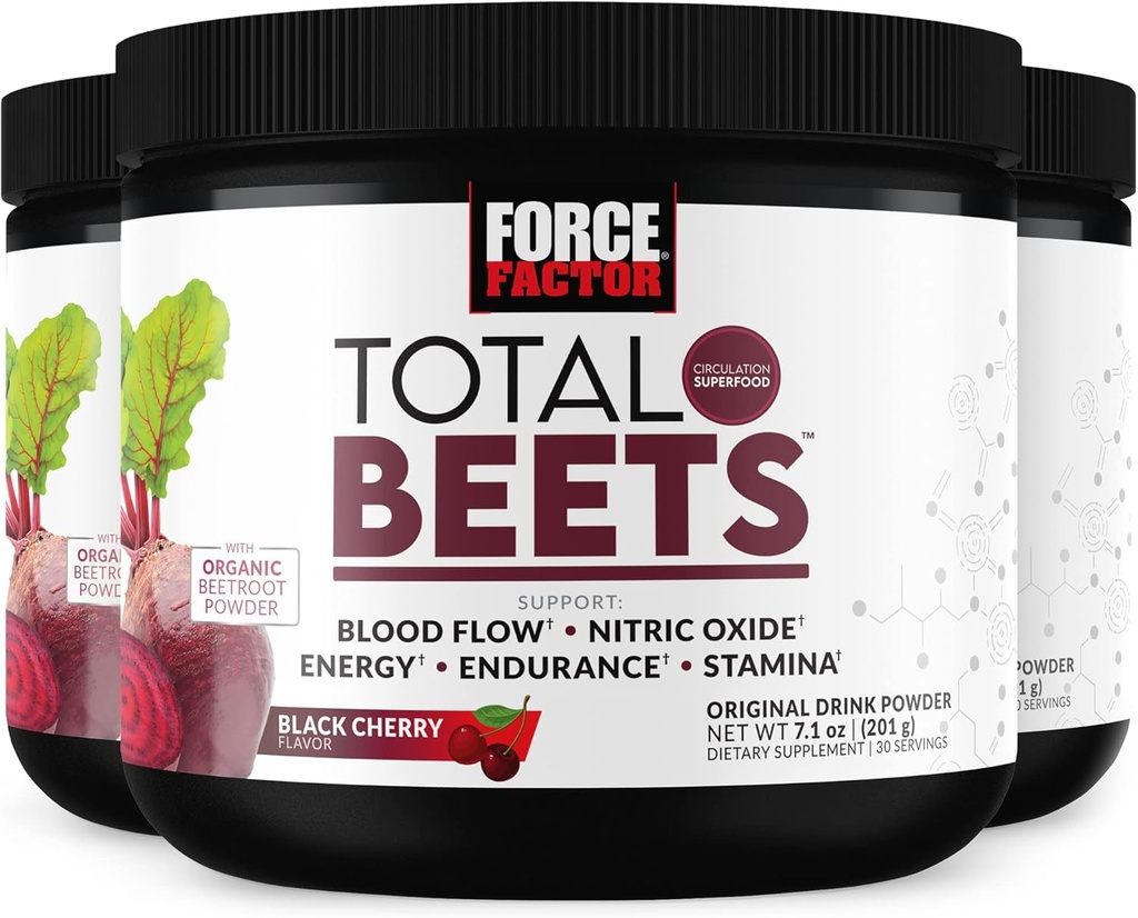 FORCE FACTOR Total Beets Superfood Beet Root Powder 3-Pack, Nitrates to Support Circulation, Blood Flow, Nitric Oxide, Energy, Endurance, Stamina, Cardiovascular Heart Health Supplement, 90 Servings