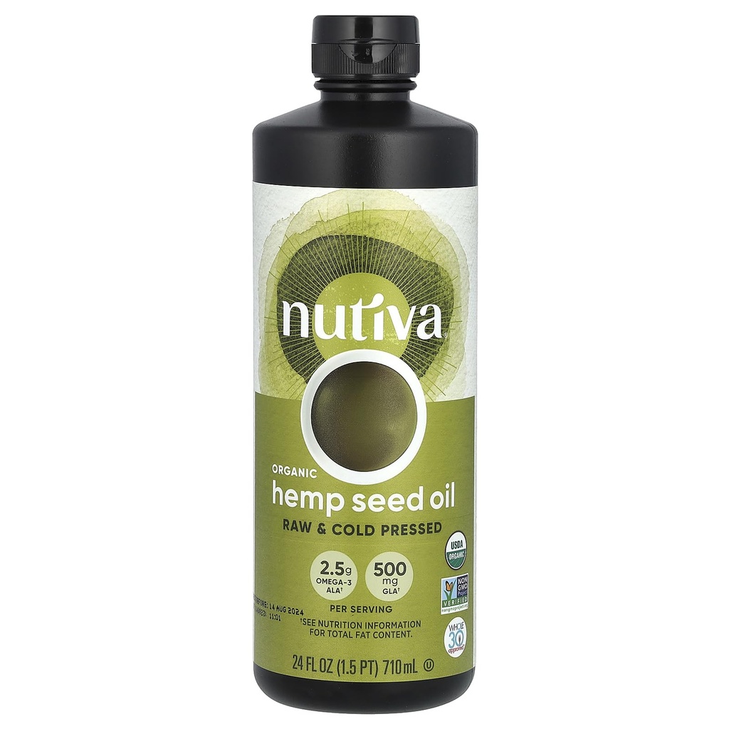 Nutiva Organic Cold-Pressed Unrefined Raw Hemp Seed Oil, 24 Ounce, USDA Organic, Non-GMO, Whole 30 Approved, Vegan, Gluten-Free & Keto, Rich In Omega 3 & 6 Fatty Acids
