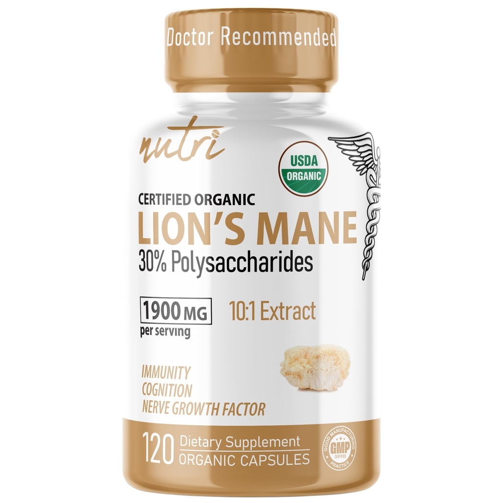 Nature's Fusions Nutri Organic Lions Mane Supplement Capsules - 1900 mg、10:1 Dual Extraction、120カウント - キノコエキス(Fruiting Body) - サードパーティテスト