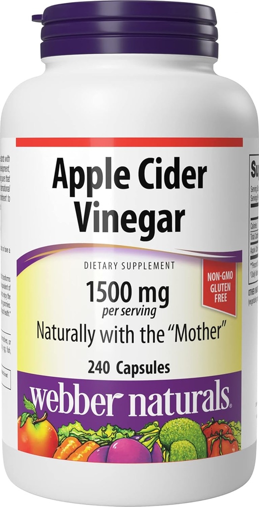 Webber Naturals Apple Cider Vinegarカプセルと母親、1500 mg/サービング、高効力、240カプセル、天然消化サポート、砂糖、乳製品&グルテンフリー