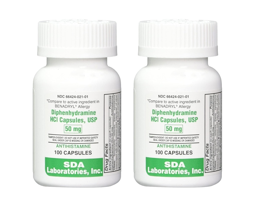 SDA の実験室の Diphenhydramine 50mg のアレルギーの救助、Antihistamine のカプセル、Sneezing のための速い行為の方式、鼻及びかゆみの目– 100 の計算 (2 パック)